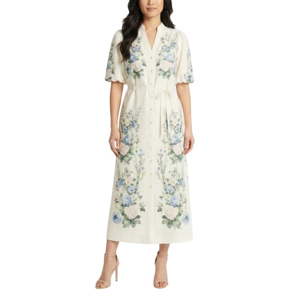 NWT Taylor Linen Blend Blue Floral Button Front peasant Maxi Dress